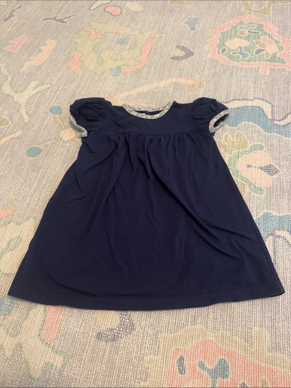 Lullaby Set Navy Girls Short Sleeve Dress with Floral Trim Collar -2T